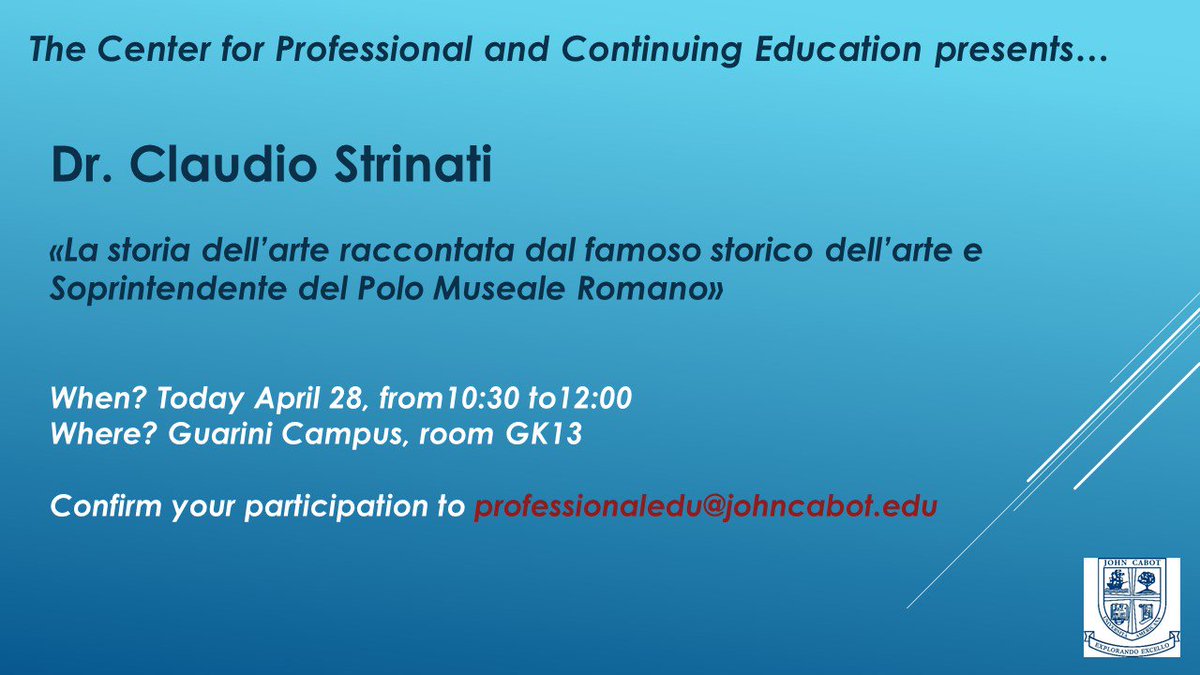 JohnCabotCSC_CE's tweet photo. Grazie a @giuliaghia3 per ospitare Dr. Claudio #Strinati nel #Master Gestione e #Digitalizzazione del #Patrimonio Culturale @JohnCabotRome. https://t.co/4PWXfFb3wg