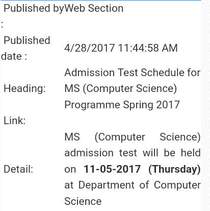 AiouOfficial's tweet photo. Admission Test Schedule for MS (Computer Science) Programme Spring 2017 https://t.co/D6JKNAJikP