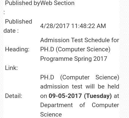 AiouOfficial's tweet photo. Admission Test Schedule for PH.D (Computer Science) Programme Spring 2017 https://t.co/kFskdav2xX
