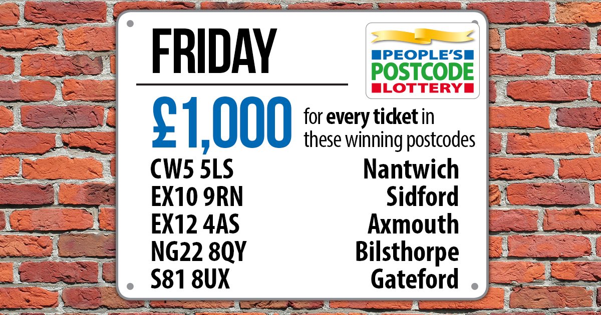 PostcodeLottery's tweet photo. Today’s #DailyPrize £1K winning tickets are in #Nantwich, #Sidford, #Axmouth, #Bilsthorpe & #Gateford. Find out more https://t.co/N77Ldwj40g https://t.co/48NAJg5Nz1