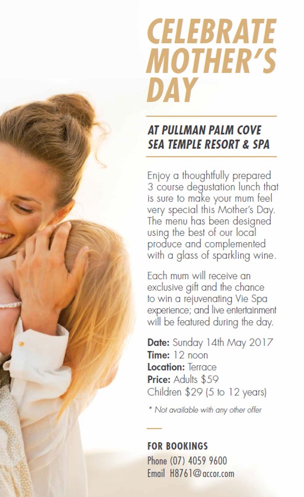 pullmanpalmcove's tweet photo. Mother's Day Lunch at Pullman Palm Cove is the #ultimate way to #spoil Mum this Mother's Day

Show Mum you #care
#Book your space today https://t.co/nYCqN4IDE4