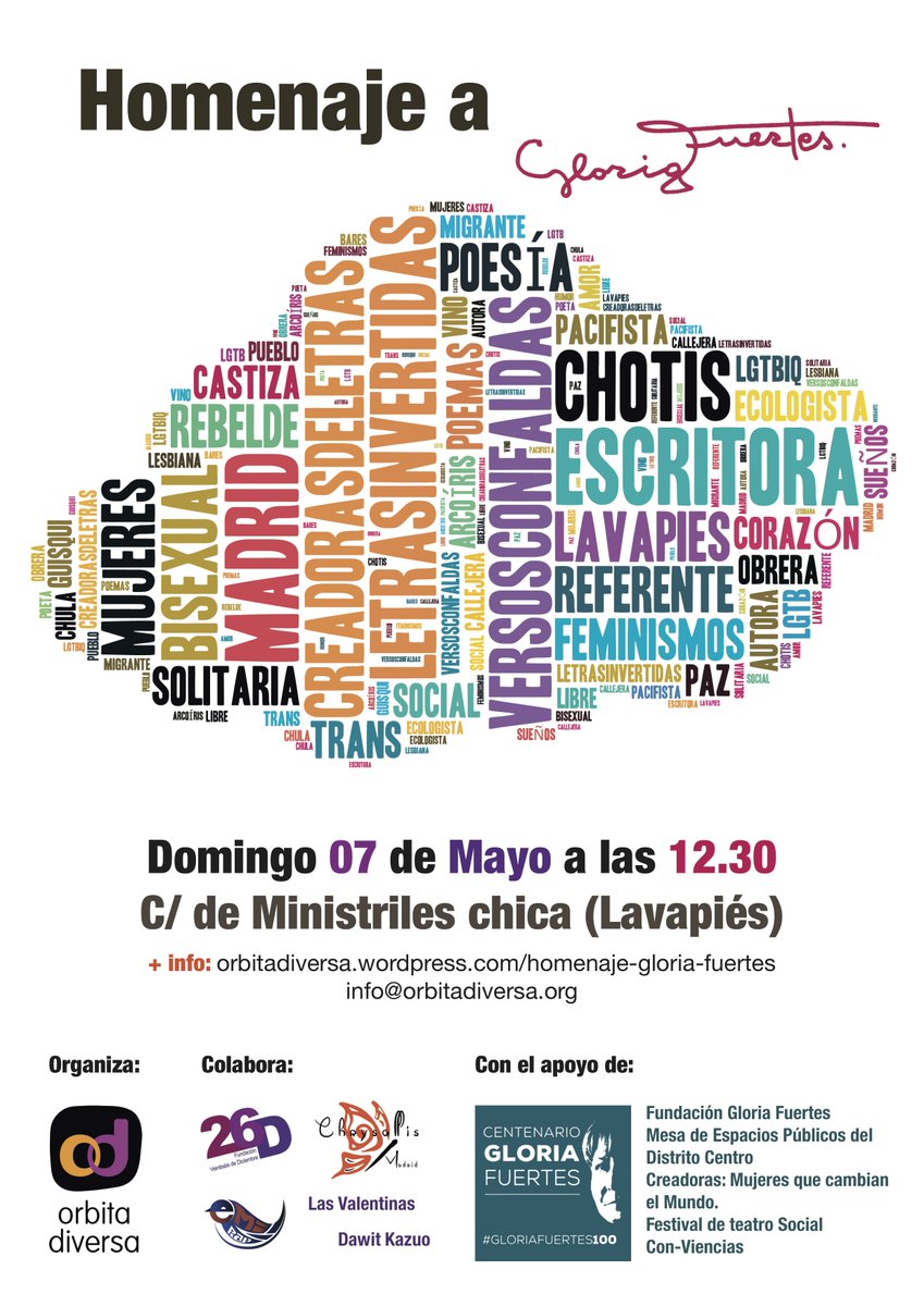 OrbitaDiversa's tweet photo. Homenaje LGTBIQ, feminista y castizo a #GloriaFuertes: dom. 7 mayo 12:30, en #Lavapiés #GloriaFuertes100 #LetrasInvertidas #VersosConFaldas https://t.co/jMMVZVyuxr