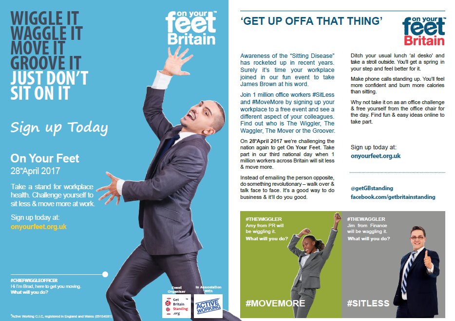 MorecambeBayNHS's tweet photo. Are you ready to #sitless & #movemore today? Its On Your Feet Friday! Take up the challenge of wiggling it, waggling it & moving it #OYF2017 https://t.co/hUxXdjSWyz