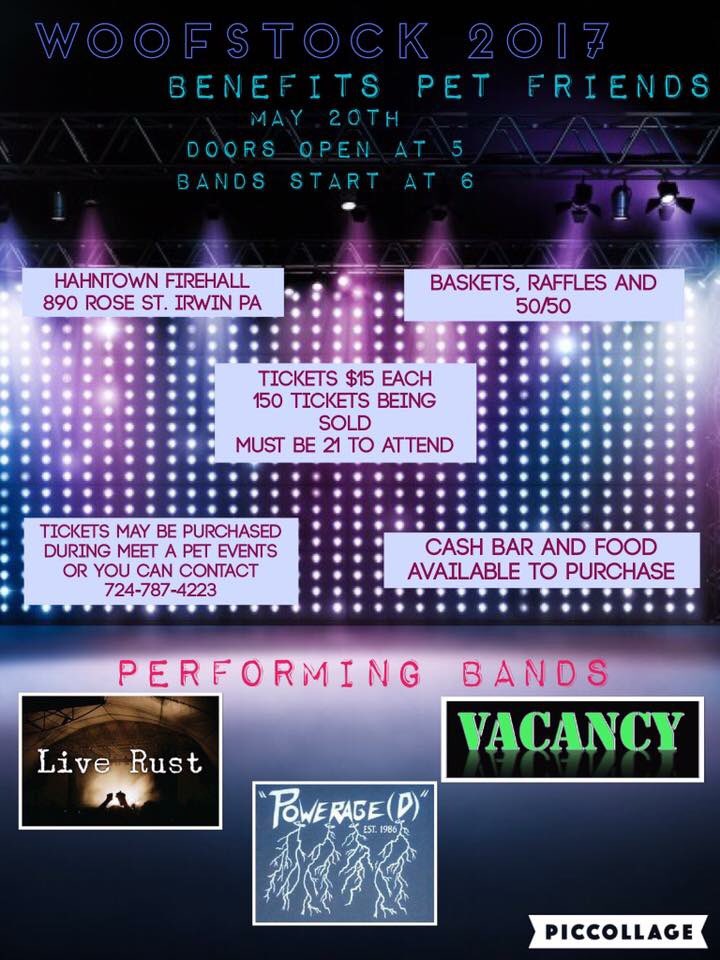 Vacancyrocks's tweet photo. We play WOOFSTOCK @ Hahntown Firehall Saturday, May 20th benefiting Pet Friends Irwin with Powerage(d) and Live Rust. https://t.co/6dRZwi77lF