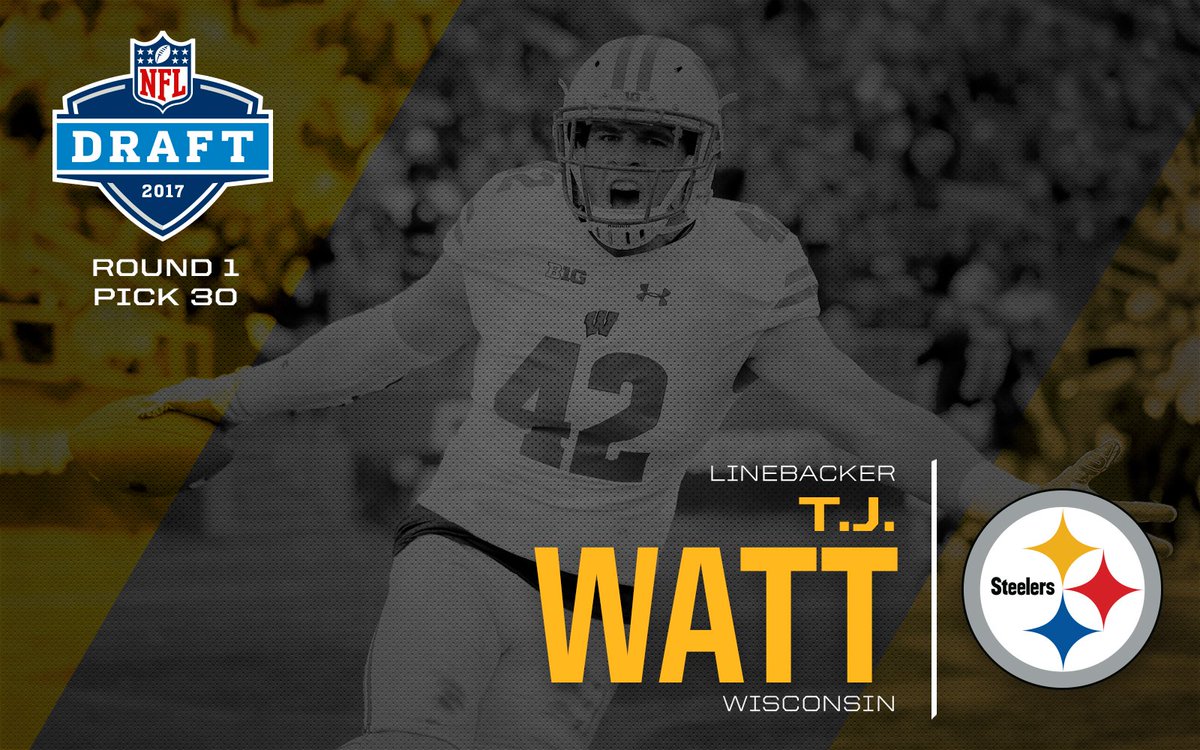 steelers's tweet image. With the 30th pick in the 2017 #NFLDraft, we select LB T.J. Watt.

#SteelersDraft #HereWeGo