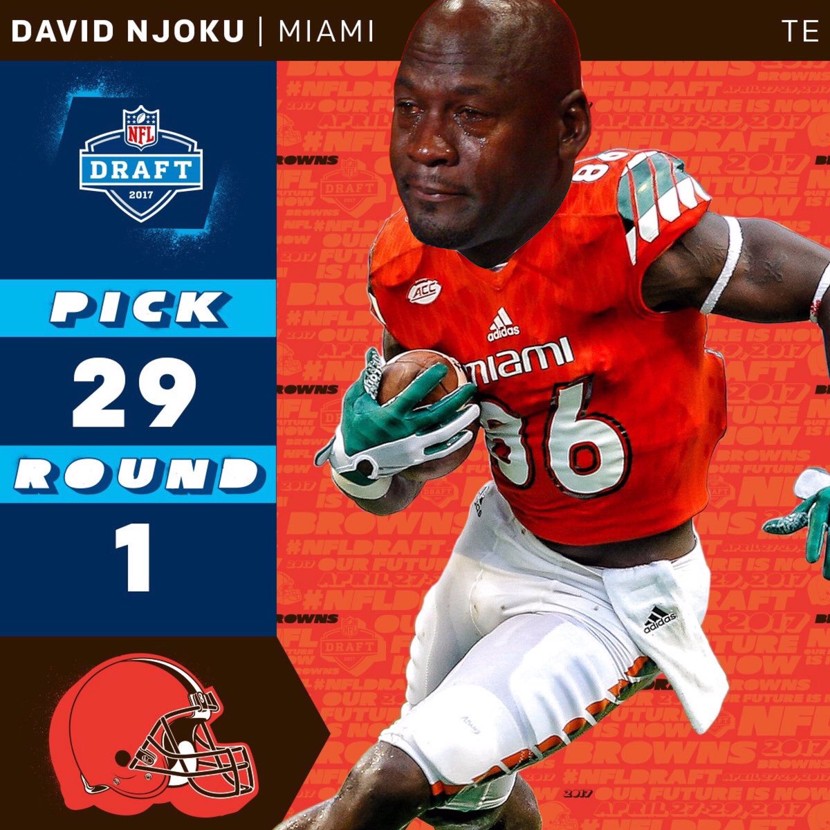 Crying_Jordan's tweet photo. David Njoku reaction after finding out he's been drafted by the Cleveland Browns #NFLDraft https://t.co/xWljx14wW5