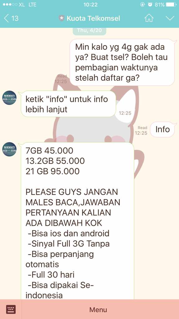 teloleet's tweet photo. -mana aja katanya,lalu gue chat dong. Nanya keesokannya (karna masih ragu) nanya lagi masih ada gak 'paket komplitnya'(yang di bc tadi) https://t.co/PaRnjcD8Rm