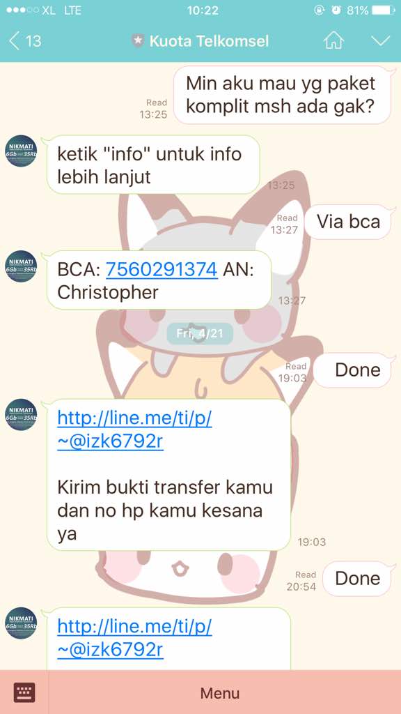 teloleet's tweet photo. Dan begonya gue! Disini gue malah trf dan percaya aja,padahal jelas2 line dia yg bales itu bot bukan manusia -_- (salah gue sih) https://t.co/9VIUoaaRiW