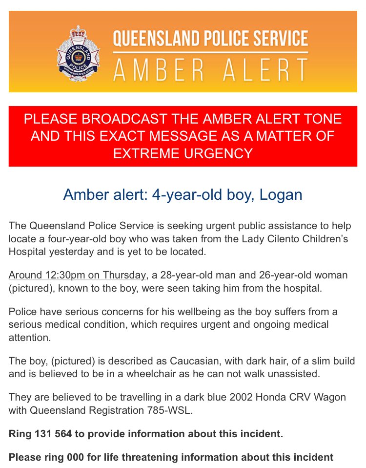 PipSheehan's tweet photo. AMBER ALERT | 4yo boy taken, Logan man and woman in 20s driving dark blue Honda CRV rego 785WSL call 000 OR 131 564. @tennewsqld #TenNews https://t.co/dCuVuEw3Kh