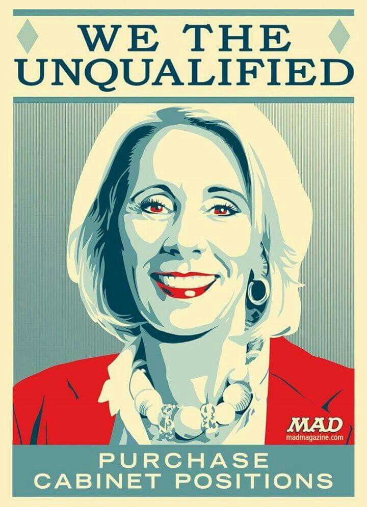 Batty4Life's tweet photo. @washingtonpost @BetsyDeVosED is getting what she paid 4 a position 2 give money 2 religious schools & her own family
#DevosFail
#DontheCon https://t.co/qp3LYatHMW