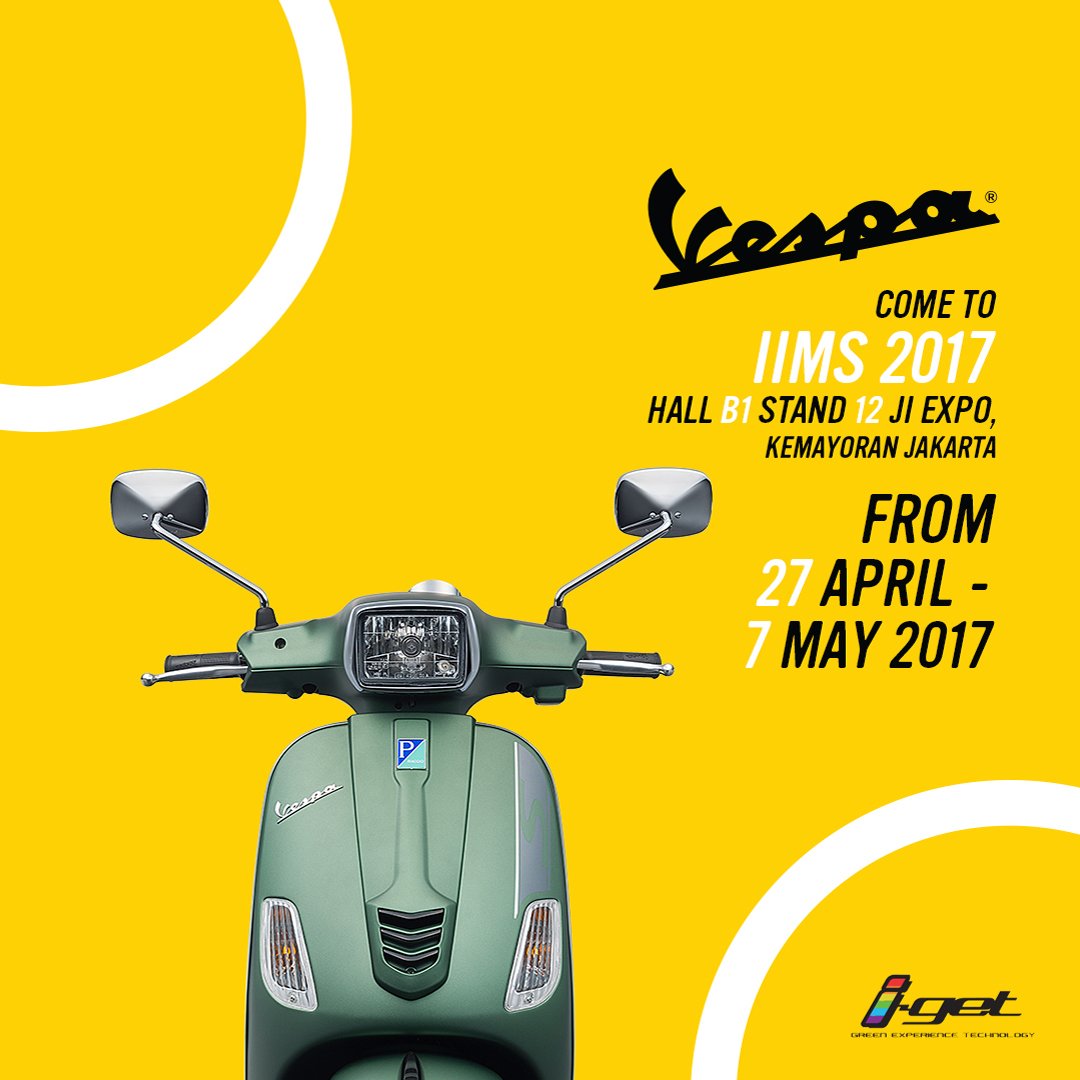 Vespa_IND's tweet photo. Come to our booth at IIMS 2017! Ada penawaran spesial menunggu kamu sampai 7 May 2017 lho! #Vespawesome #ColorsOfVespa #VespaIndonesia https://t.co/hdiZCVXcEu