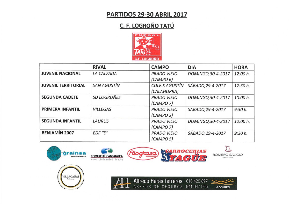 PARTIDOS FINDE 29-30 ABRIL 2017.ANIMO A TODOS.TRABAJO,ILUSIÓN,DISFRUTAR. ADELANTE SIEMPRE.LEVANTARSE OBLIGADO TRAS CAERSE.CCC. #fuerzatatú