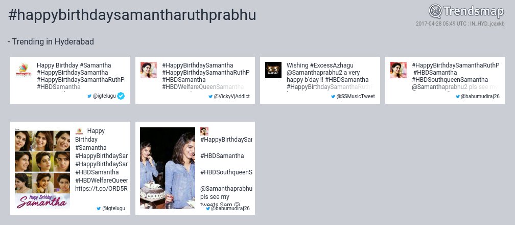 #happybirthdaysamantharuthprabhu is now trending in #Hyderabad

trendsmap.com/r/IN_HYD_jcaxkb