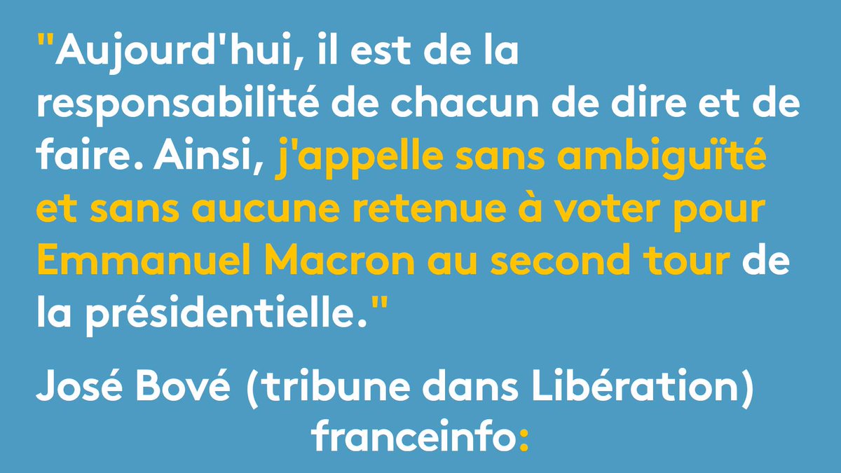 franceinfo's tweet photo. José Bové appelle à voter Macron et déplore que le "ni-ni" soit devenu "tendance, voire révolutionnaire, écologiste,(...), insoumis..." https://t.co/raniHeZaio