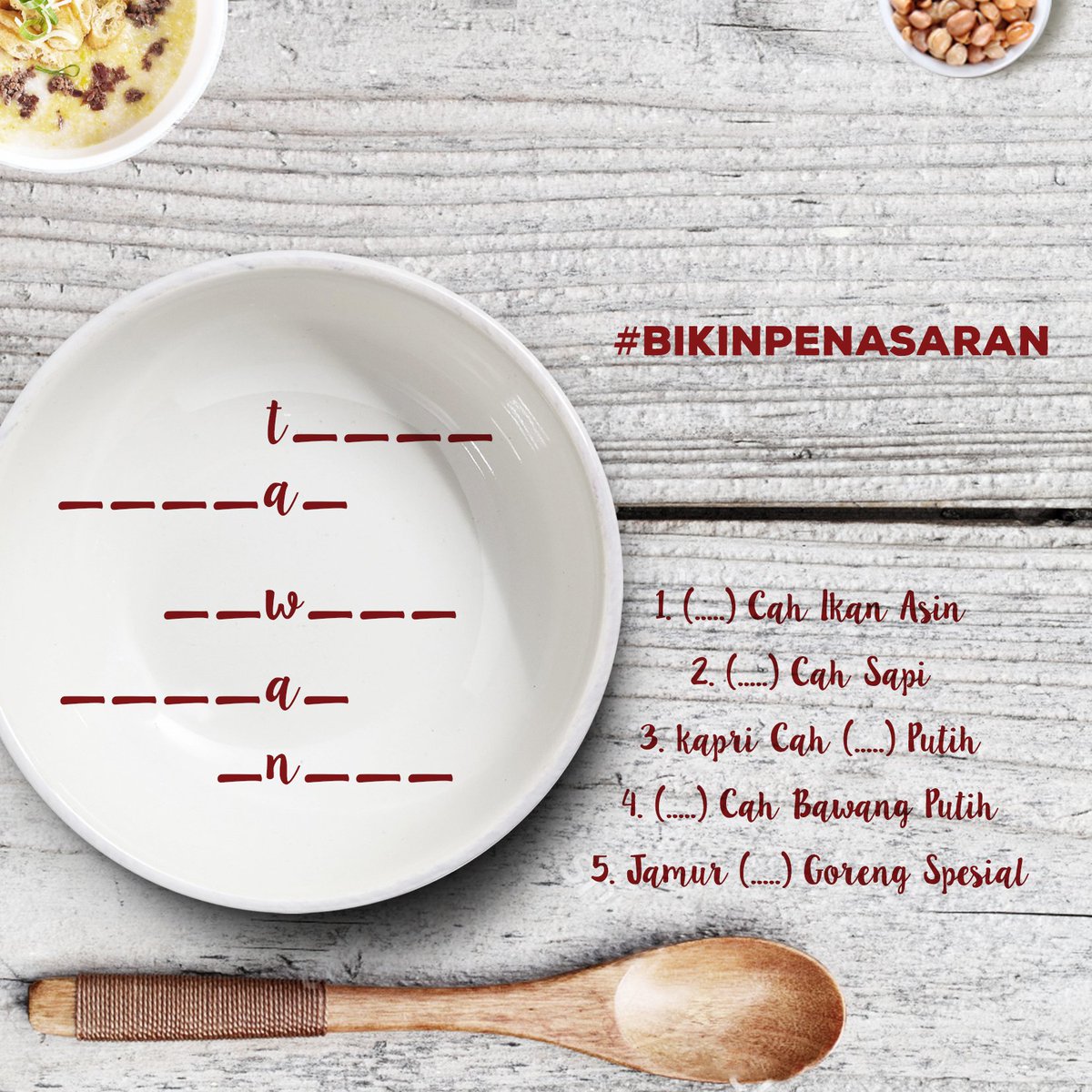 TaWanRestaurant's tweet photo. Hari jumat, waktunya untuk yang ringan-ringan. Makanya nih kita kasih tebakan untuk #temanTawan jawab.

Bisa jawab nggak?

#BikinPenasaran https://t.co/tjJq0jOxlf