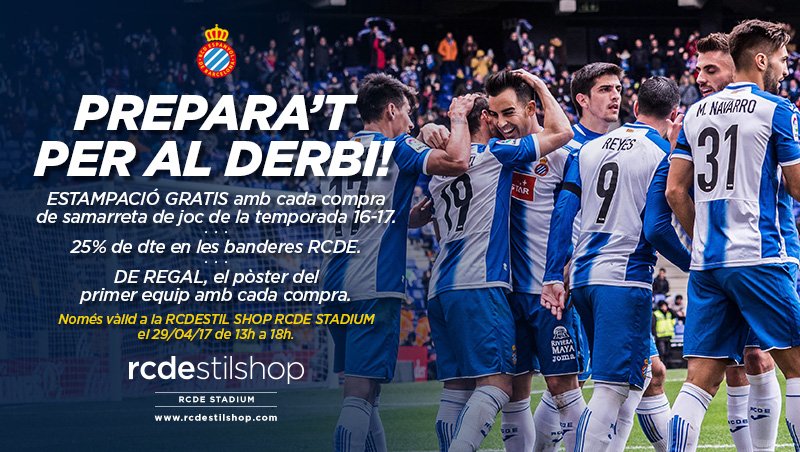 RCD Espanyol de Barcelona "Prepara't per al derbi! les promocions de la RCDESTIL SHOP del Stadium per animar @RCDEspanyol! https://t.co/EnrsWqBwdH https://t.co/gV8p5t3R1W" / Twitter