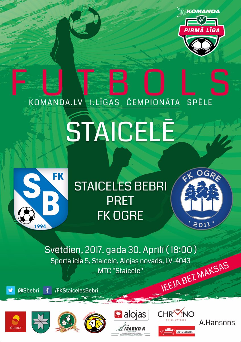⚽️ Svētdien, 30.Aprīlī (18:00) ⚽️
<a href="/Sbebri/">FK STAICELES BEBRI</a> - @fkogre