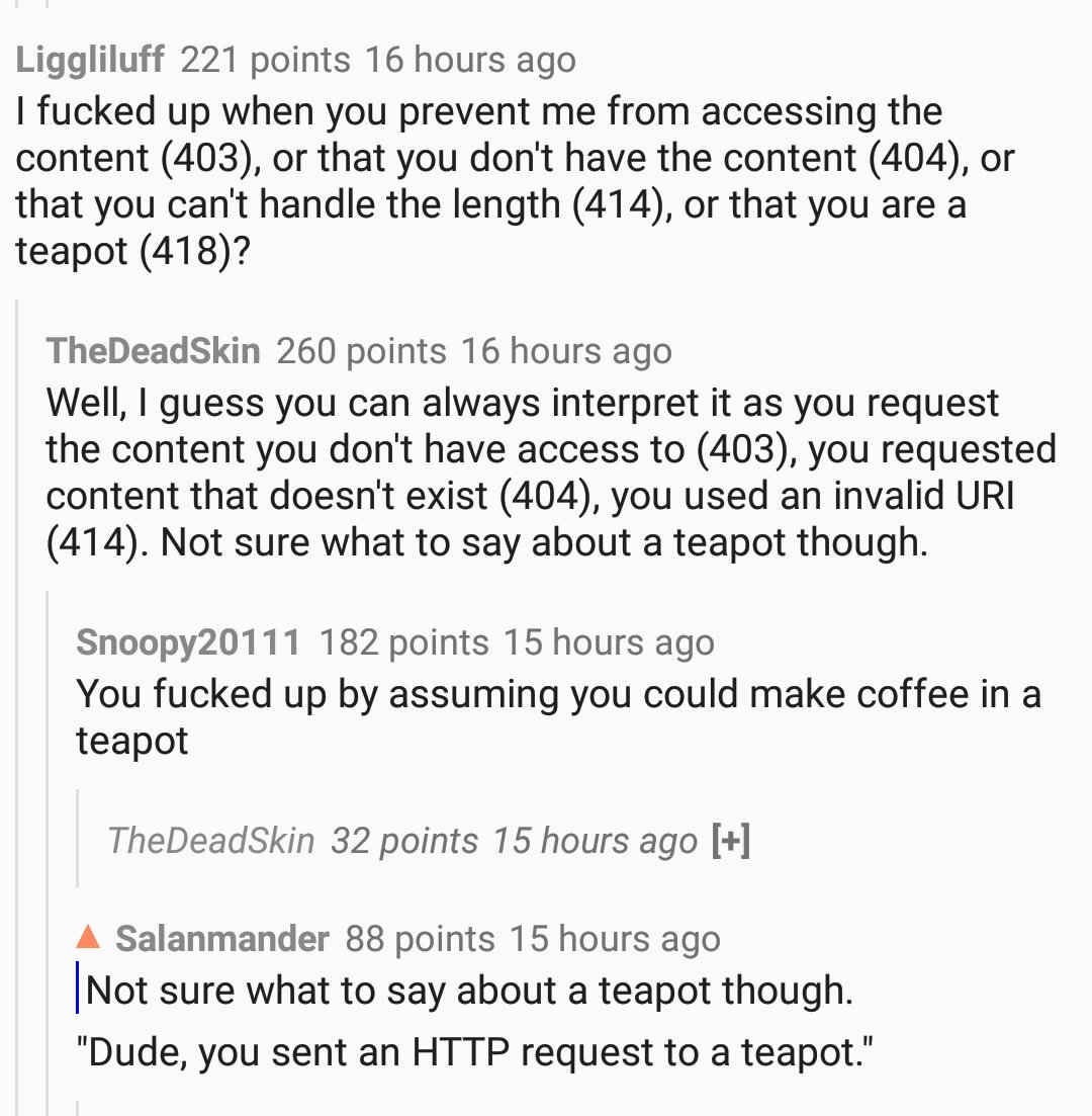 DPerrySvendsen's tweet image. If a server running Hyper Text Coffee Pot Control Protocol returns #HTTP Error 418 (I Am A Teapot), who&apos;s to blame? #HTCPCP #RFC2324