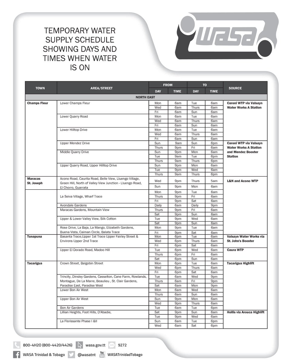 wasatnt's tweet image. #wasaPress Temp Water Schedules for 2017 Dry Season. visit wasa.gov.tt/WASA_Media_Tem… for Pdf version. @tv6tnt @cnewslive @LoopNewsTT @RIC_TT