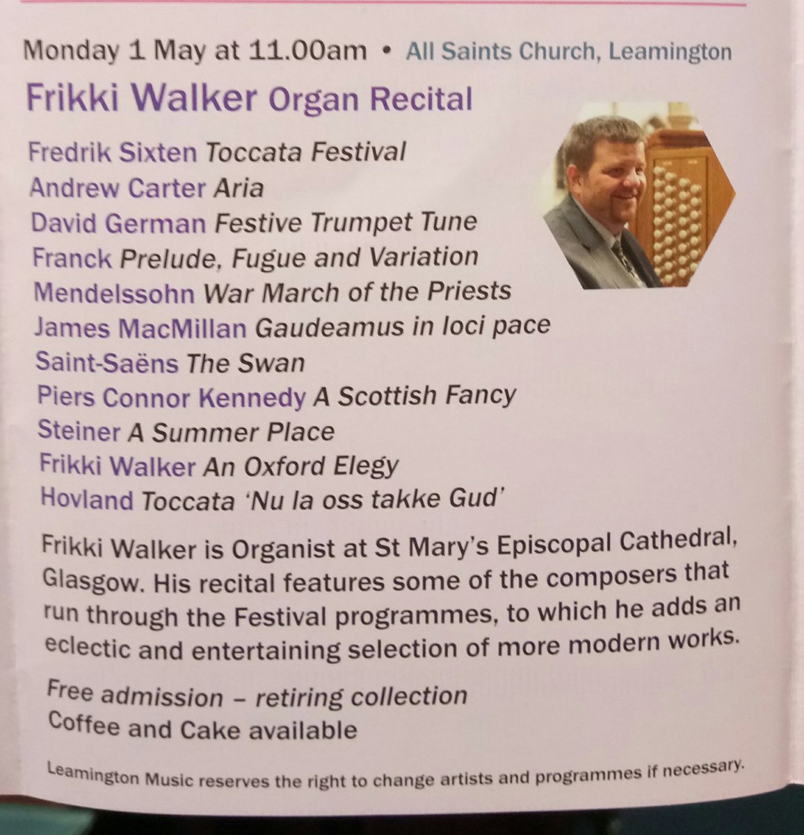 AllSaintsLeam's tweet image. Monday Celebrity Organ Recital, part of @LeamingtonMusic  Festival Wkend. 1100; refreshments 1030 &amp;amp; after. Free entry; retiring collection.