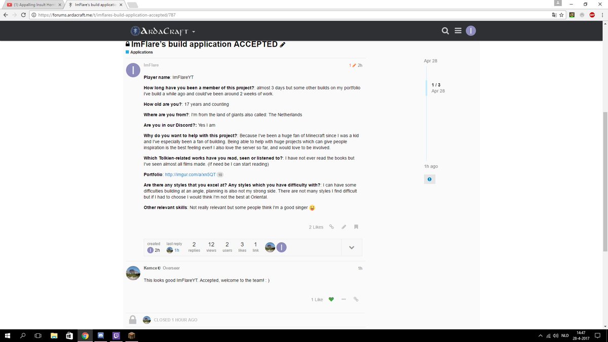Got accepted as a builder on <a href="/ArdaCraft_/">ArdaCraft</a> !! Can't wait to build awesome stuff with this amazing community and team!! #WeAreConquest 😍😍