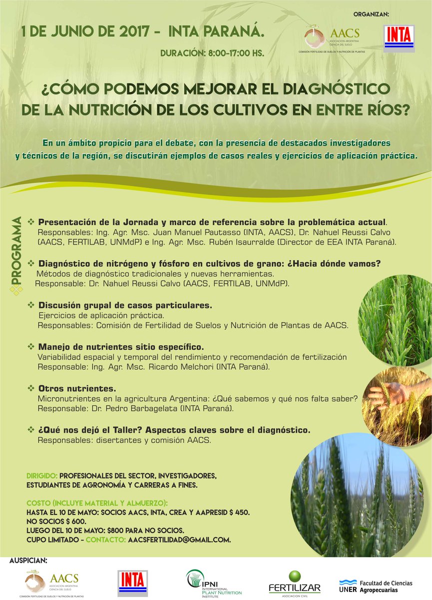 AACSFert's tweet photo. Taller de Nutrición de Cultivos AACS-INTA Paraná. 1ro de Junio EEA Paraná @AACSuelo @AACSFert @intaargentina +info: aacsfertilidad@gmail.com https://t.co/dFaAB9uCBb