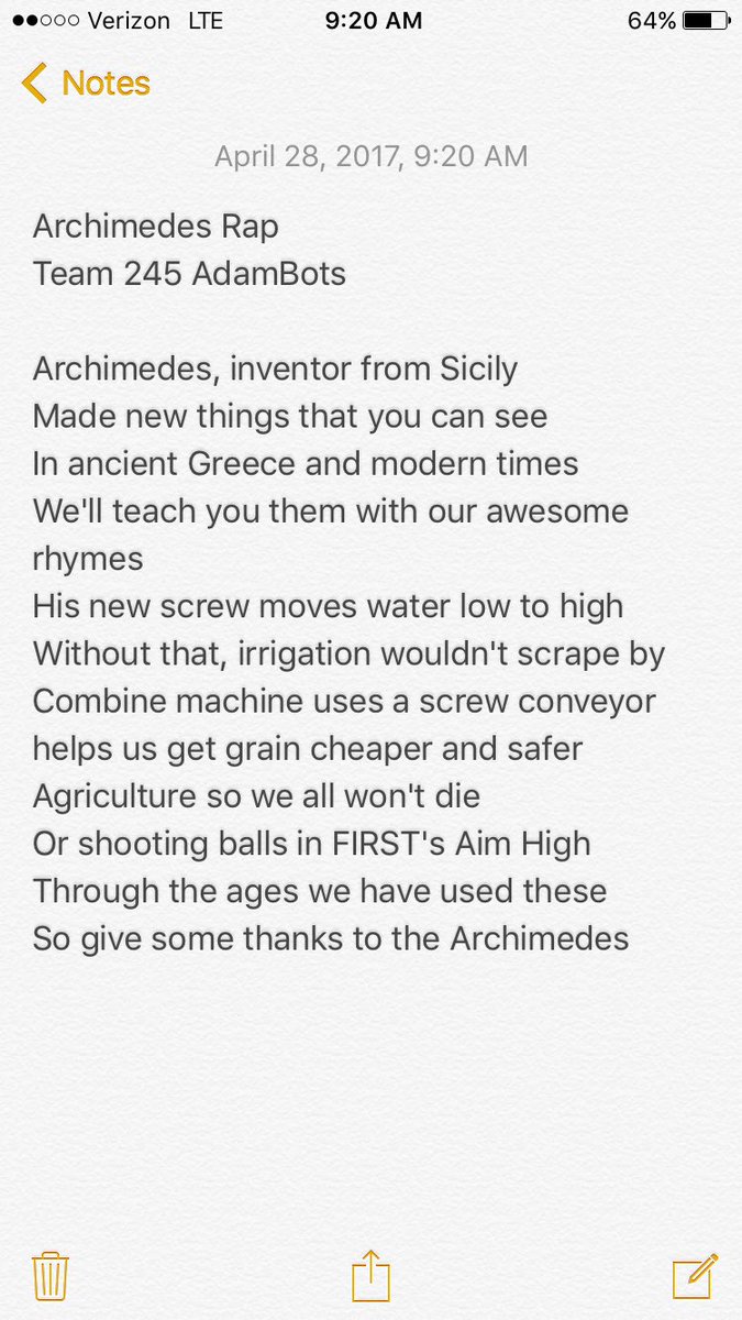 AdamBots's tweet image. And our Archimedes rap lyrics for the #FeDexcontest #omgrobots #frc245