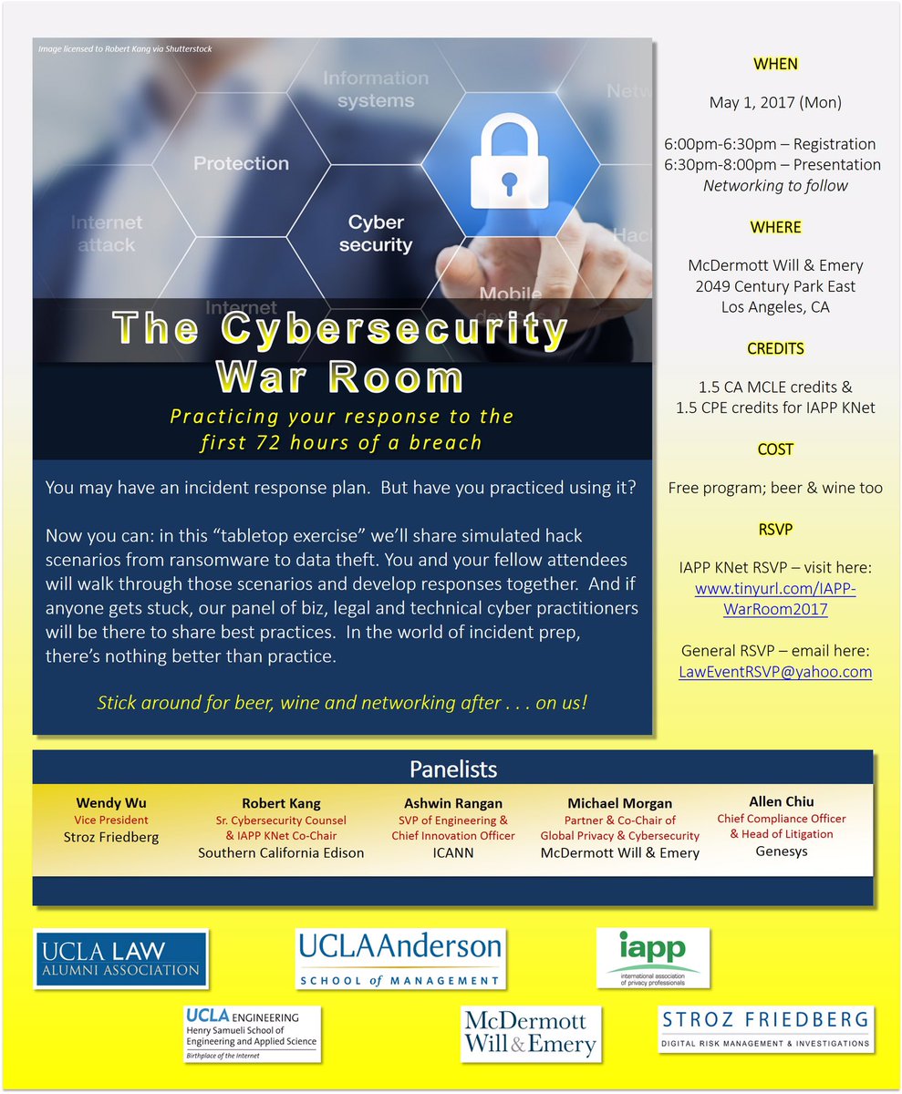 UCLA Law Alumni (@uclalaw_alumni) on Twitter photo May 1 - Practice responding to a simulated cyber incident with Biz and Engineering alumni. 4 Bruins on Panel! RSVP LawEventRSVP@yahoo.com May 1 - Practice responding to a simulated cyber incident with Biz and Engineering alumni. 4 Bruins on Panel! RSVP LawEventRSVP@yahoo.com