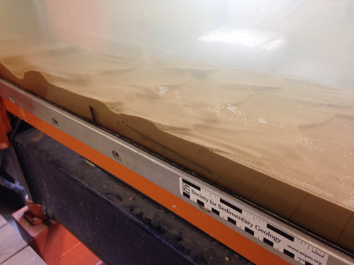 Sed_Meg's tweet image. Practicing making cohesive #bedforms for the BSRG-CMG cohesive sedimentology in flumes #postgrad workshop next week! @CMG_minsoc @brit_seds