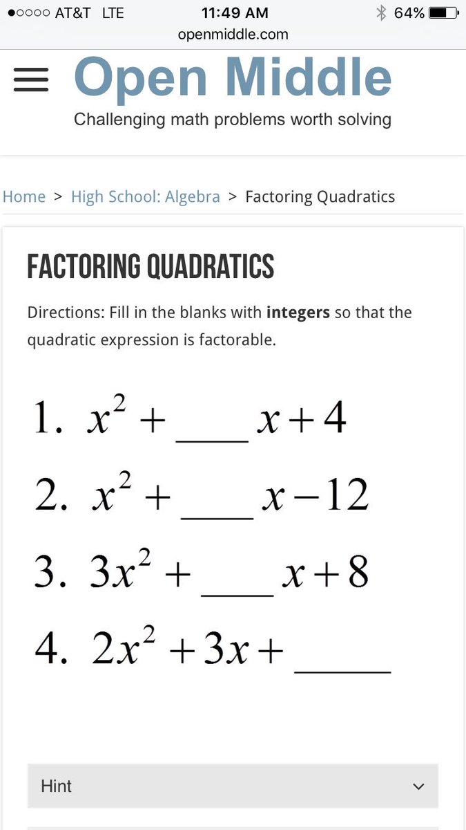 Stopped into a class that was factoring trinomials. I couldn't wait to show them this! #openmiddle @robertkaplinsky #uptherigor