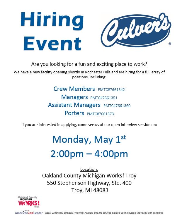 Troy Michigan Works on Twitter "JobFair Reminder culvers will be at