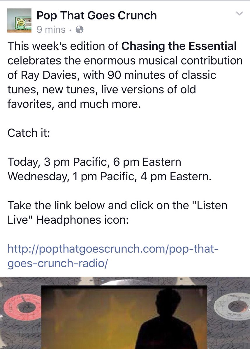 A 90 minute tribute to Ray Davies starts soon. popthatgoescrunch.com/pop-that-goes-…