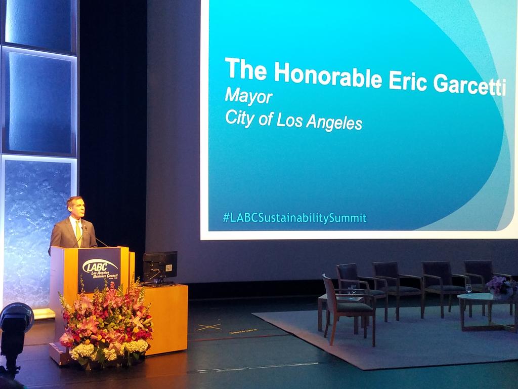 jparfrey's tweet image. A great day in #LA. @MayorOfLA Eric Garcetti discusses #climatechange and #ActOnClimate at #LABCSustainabilitySummit.