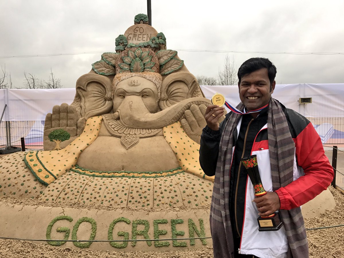 I have won Jury prize Gold medal in 10th World Sand Sculptures Championship Moscow 2017 , My SandArt Lord Ganesh with message #GoGreen