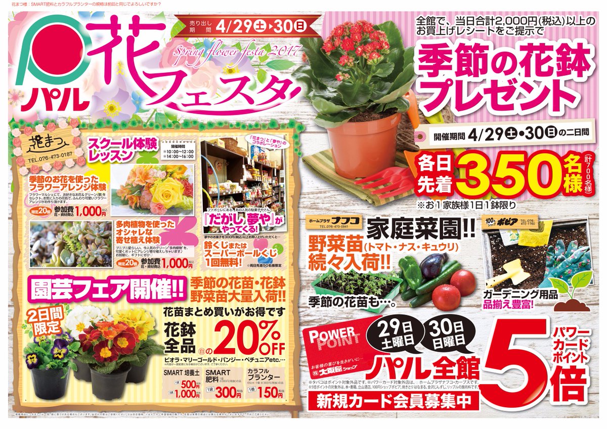 O Xrhsths 上市ショッピングタウンパル シャリーン Sto Twitter おはようございます 本日4 29 土 と明日4 30 日 はパルの感謝day 花フェスタ開催です 両日全館ポイント5倍 一部店舗除く とパル館内とナフコでのお買上レシート合計2 000円以上のお客様 各日 O Xrhsths 上市ショッピングタウンパル シャリーン Sto Twitter おはようございます 本日4 29 土 と明日4 30 日 はパルの感謝day 花フェスタ開催です 両日全館ポイント5倍 一部店舗除く とパル館内とナフコでのお買上レシート合計2 000円以上のお客様 各日