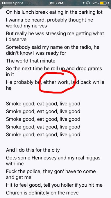 Shouldn't this be "out of work, laid back while he..."? @kendricklamar @AppleMusic . https://t.co/vL<a href="/tag/peaceandlovereloaded"class="tags"><span>#peaceandlovereloaded</span></a>