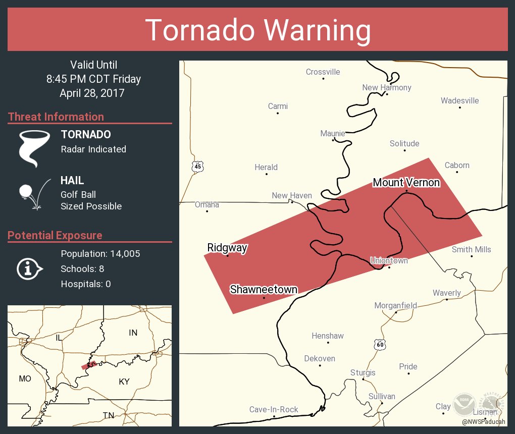 Tornado warning including mount vernon in, shawneetown il, ridgway il