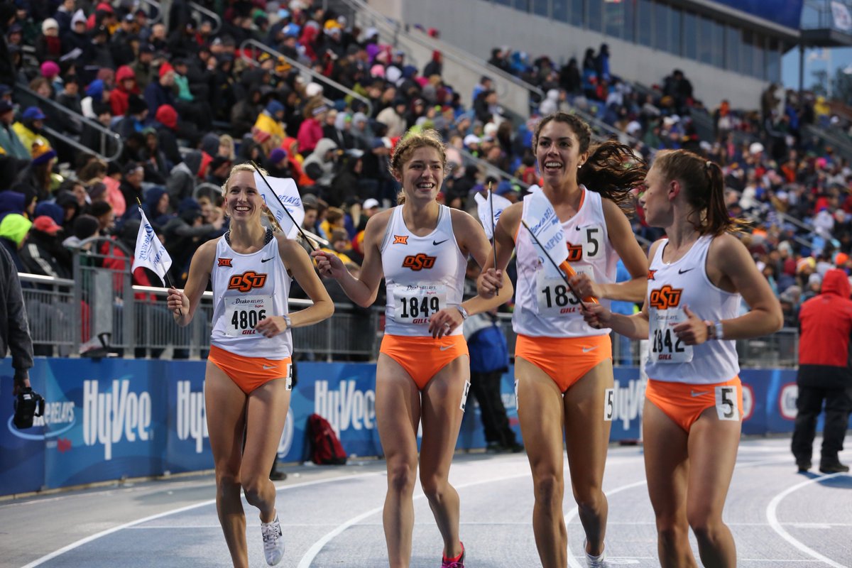 The <a href="/run4okstate/">Oklahoma State XC/T&F</a> women's team wins the #DrakeRelays 4x800 in 8:37.20.