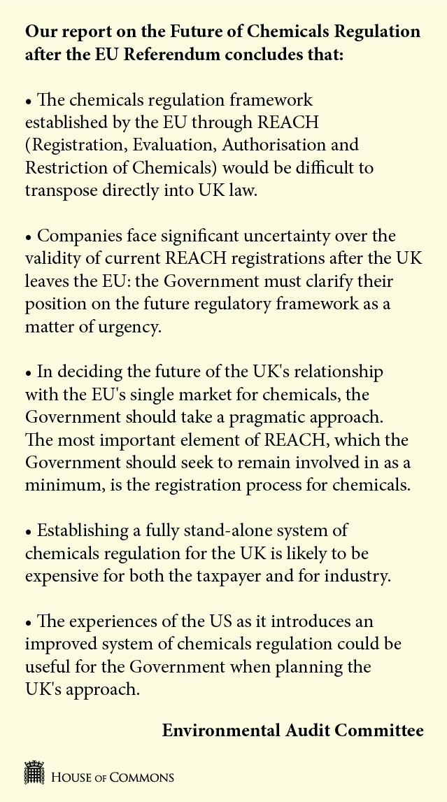 The key recommendations from our report on the Future of Chemical Regulation after the EU Referendum. More here: parliament.uk/business/commi…