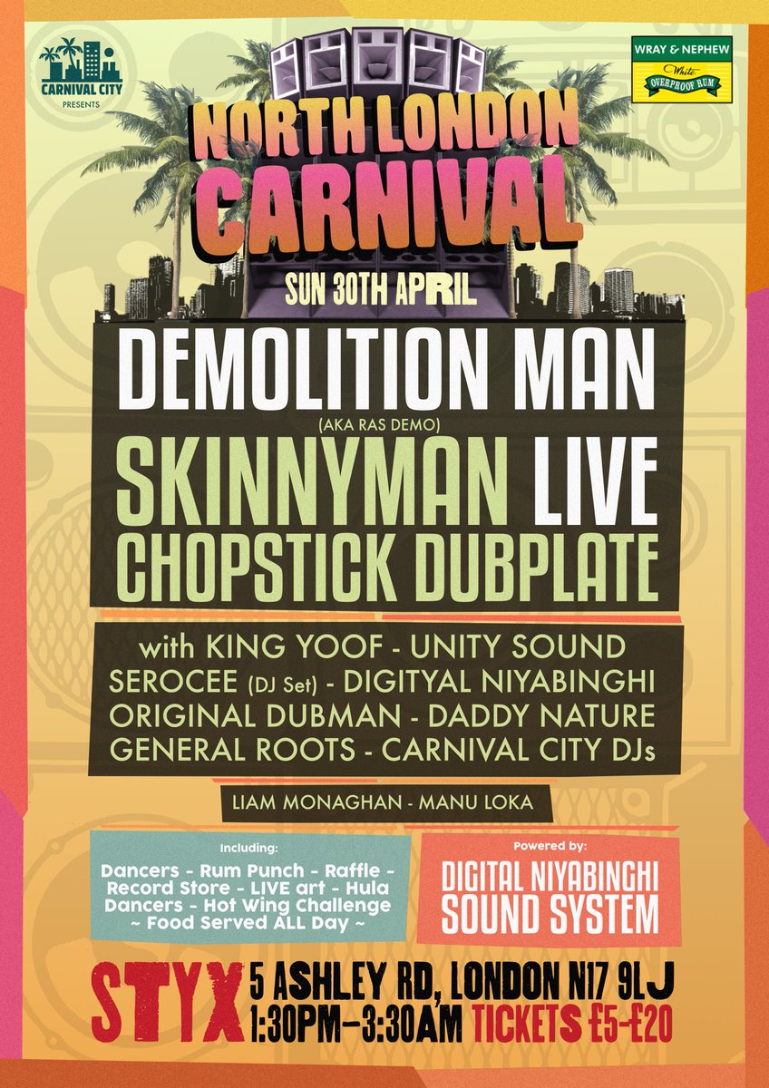 Final tickets for tomorrow at <a href="/StyxBar/">STYX</a> w. <a href="/WrayAndNephewUK/">Wray & Nephew UK</a> <a href="/MudfamSkinnyman/">Skinnyman MudFam</a> <a href="/Serocee/">Shellson Mandella</a> <a href="/Kingyoof/">Celestia Drops</a> <a href="/DigiNiyabinghi/">Digital Niyabinghi</a> bit.ly/2osREVY