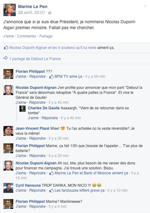 PierreScheu's tweet photo. Et pendant ce temps-là, sur Facebook… 
#MLPNDA #DupontAignan #NicolasDupontAignan #NDA #PremierMinistre https://t.co/y4amzFdNhd