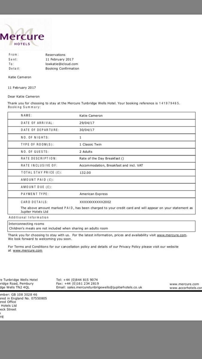 @MercureHotels your hotel in tunbridge wells is claiming that no where on this confirmation does it state we have interconnecting rooms