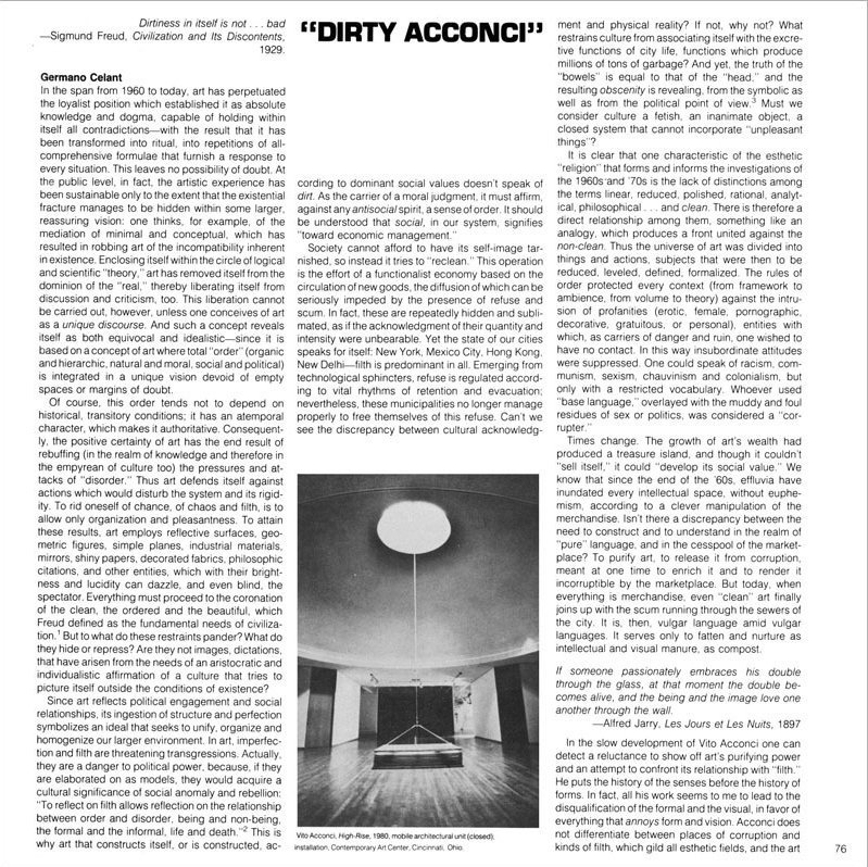 In Memoriam On Vito Acconci (1940-2017): Germano Celant's "Dirty ...