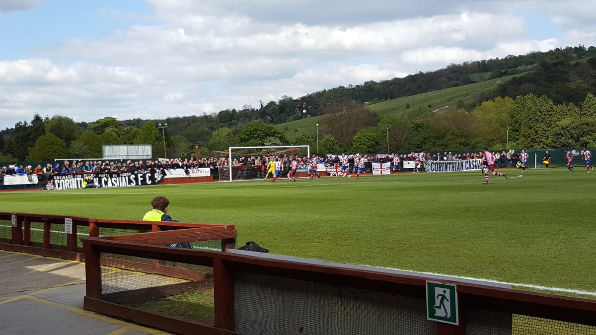 <a href="/CorinthianCas/">Corinthian-Casuals</a> fans at <a href="/DorkingWDRS/">Dorking Wanderers FC</a> - huge following, huge game for both clubs.