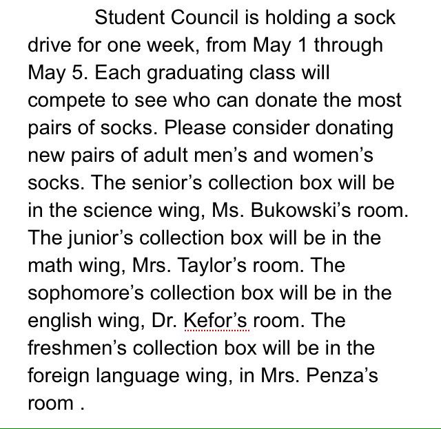 Sock drive for the homeless is on May 1 through May 5! Make sure to drop off socks to your graduating class's collection box!