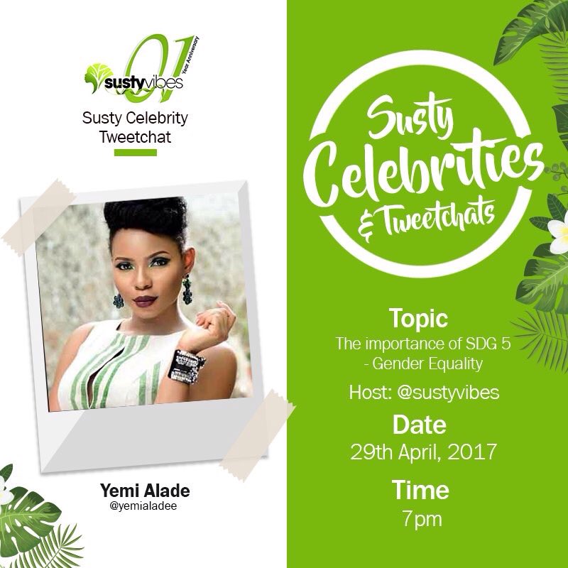 We'll chat with @yemialadee in a bit on #SDG5 Gender Equality 👇🏾👇🏾👇🏾 #SustyCelebChats by #sustyvibes