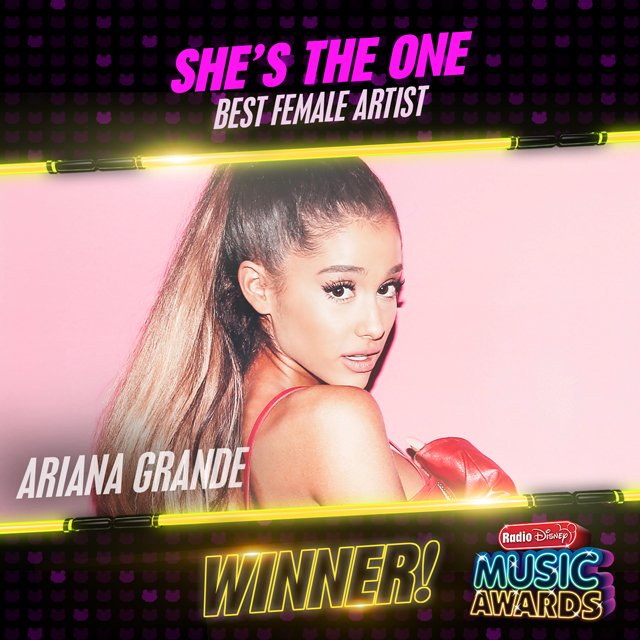 radiodisney's tweet image. Congratulations to @ArianaGrande for winning Best Female Artist at the #RDMA this year! #ShesTheOne