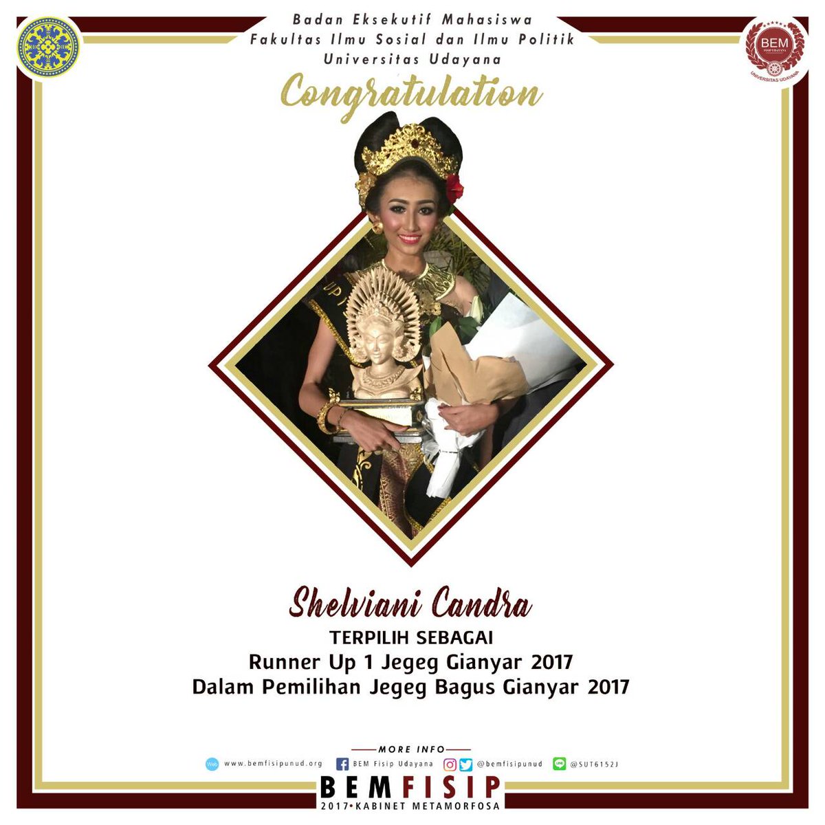 BEMFISIPUNUD's tweet photo. Selamat kepada salah satu mahasiswa FISIP Unud Shelviani Candra telah menjadi Runner Up 1 Jegeg Gianyar 2017
#UnityToGlory
#BEMFISIPUnud https://t.co/2LSCqxCx6s
