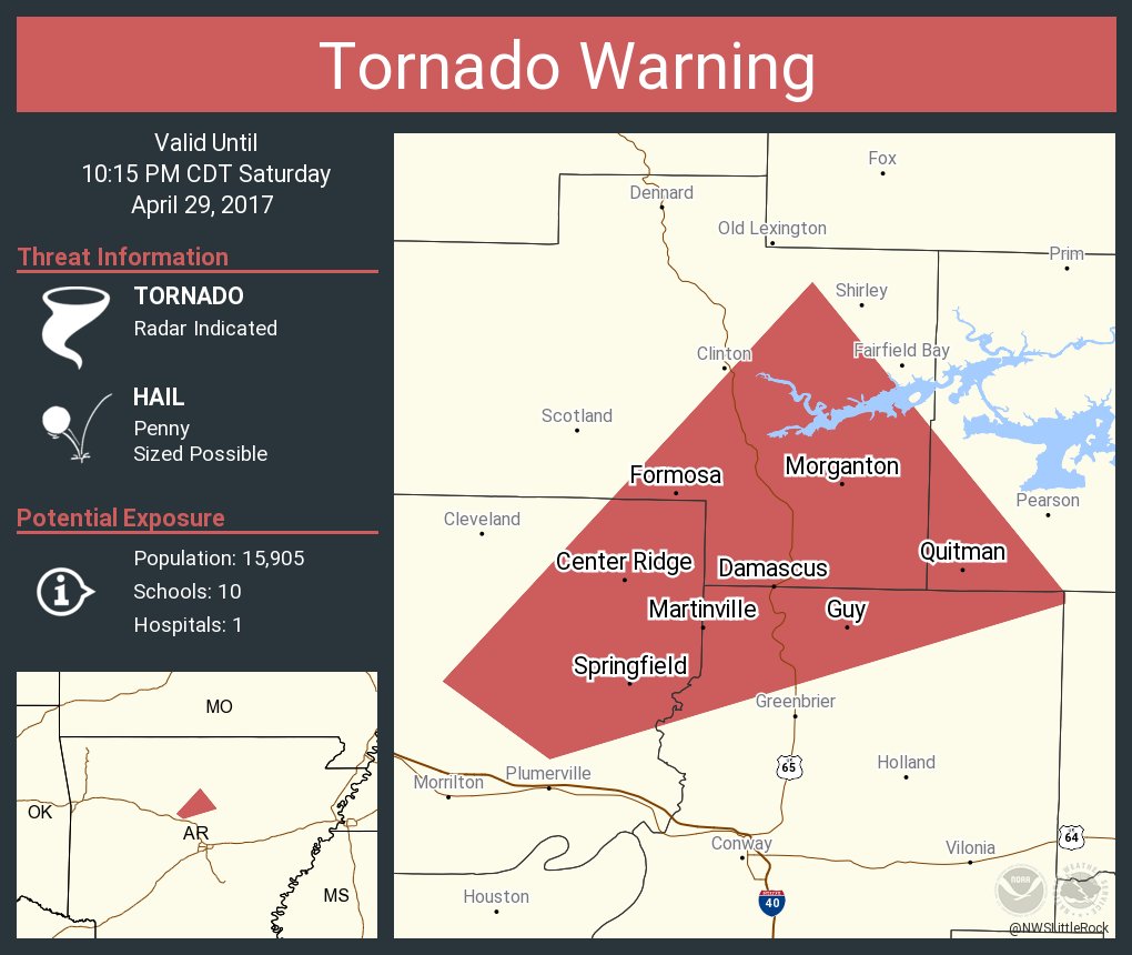 Tornado Warning including Quitman AR, Guy AR, Center Ridge AR until 10
