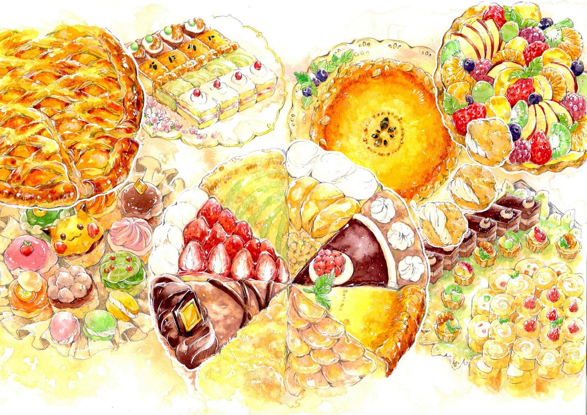お菓子本見開き絵完成〜〜長かった…!
ケーキバイキングで並んでる食いしん坊達と、次に色塗る予定の色違いポケinモヒート線画・*・:≡( ε:) 